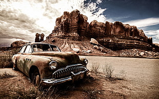 vintage brown vehicle parked on roadside overlooking plateau, car, North America, landscape