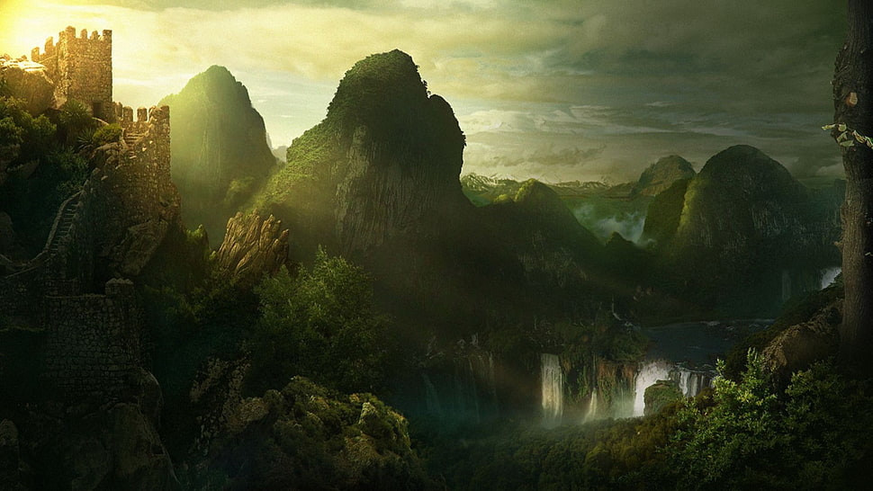 green forest mountain, castle, nature, fantasy art HD wallpaper
