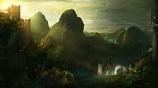 green forest mountain, castle, nature, fantasy art