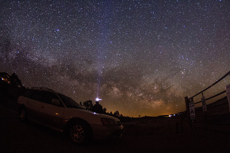 white SUV, Starry sky, Night, Car HD wallpaper