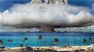 white clouds and palm tree illustration, bombs, nuclear, nature, water HD wallpaper