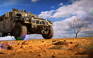 beige and black off-road vehicle, Hummer, military, desert, vehicle