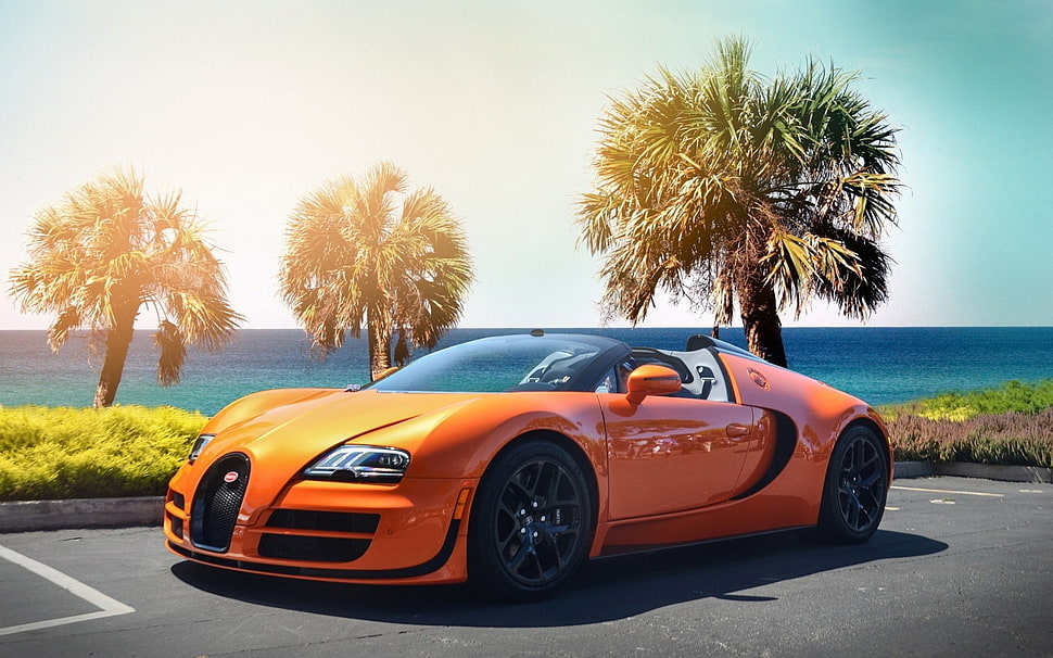 orange sports car, Bugatti Veyron, car HD wallpaper