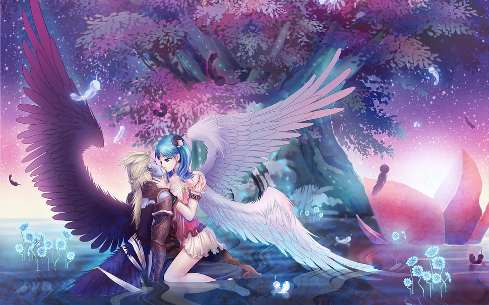 male and female angel anime characters digital wallpaper HD wallpaper