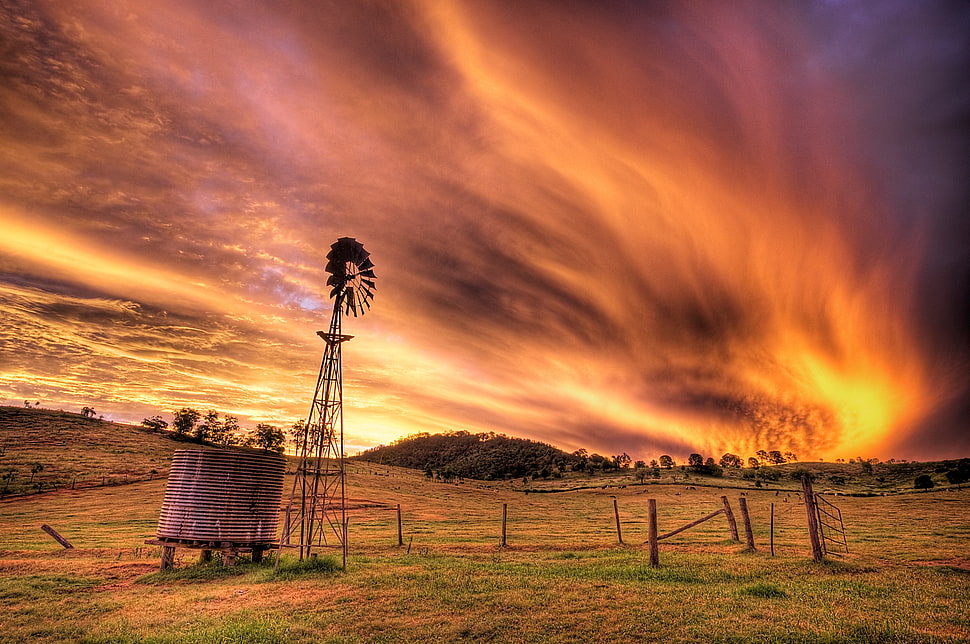 windmill during golden hour HD wallpaper