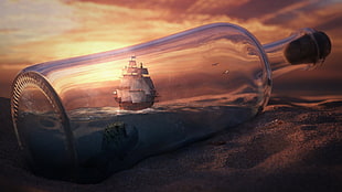 ship, sailing ship, bottles, fantasy art