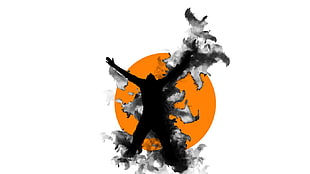 orange and black person surrounded by smoke illustration, Japan, artwork, digital art