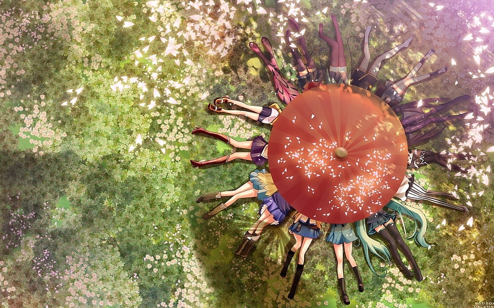 people forming circle under orange umbrella illustration HD wallpaper