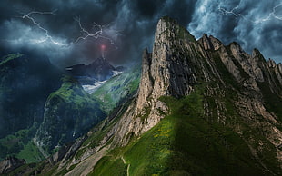 landscape mountain painting, mountains, lightning, nature, landscape HD wallpaper