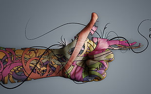 pink, green, and orange floral tattoo on left human arm HD wallpaper