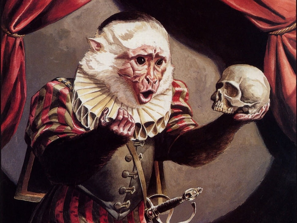 monkey holding human skull illustration, monkey, Hamlet, skull HD wallpaper