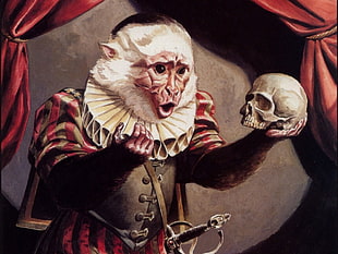 monkey holding human skull illustration, monkey, Hamlet, skull