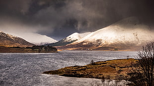 body of water near brown mountain, highlands, scotland HD wallpaper