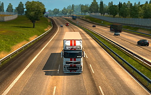 black and gray metal trailer, video games, Euro Truck Simulator 2, highway, trucks HD wallpaper