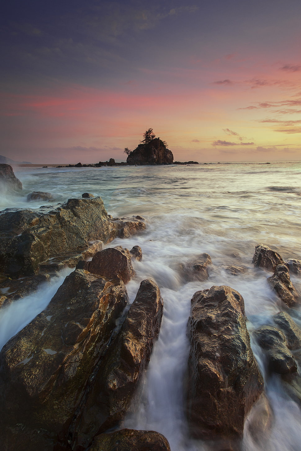 Running Water on Brown Rocks during Yellow Sunset HD wallpaper