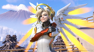 Overwatch character illustration, Overwatch, Mercy (Overwatch), wings, short hair HD wallpaper