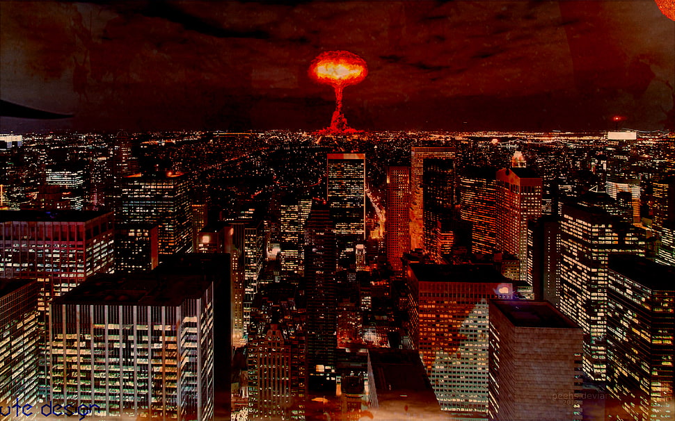 black and red house painting, apocalyptic, cityscape, atomic bomb, digital art HD wallpaper