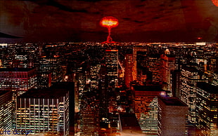 black and red house painting, apocalyptic, cityscape, atomic bomb, digital art
