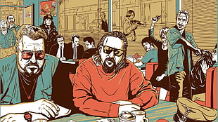 two man illustration, The Big Lebowski, Pulp Fiction, Fargo, Reservoir Dogs