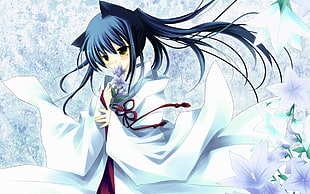 anime girl character with blue hair wearing white long-sleeve dress holding purple petaled flower digital wallpaper
