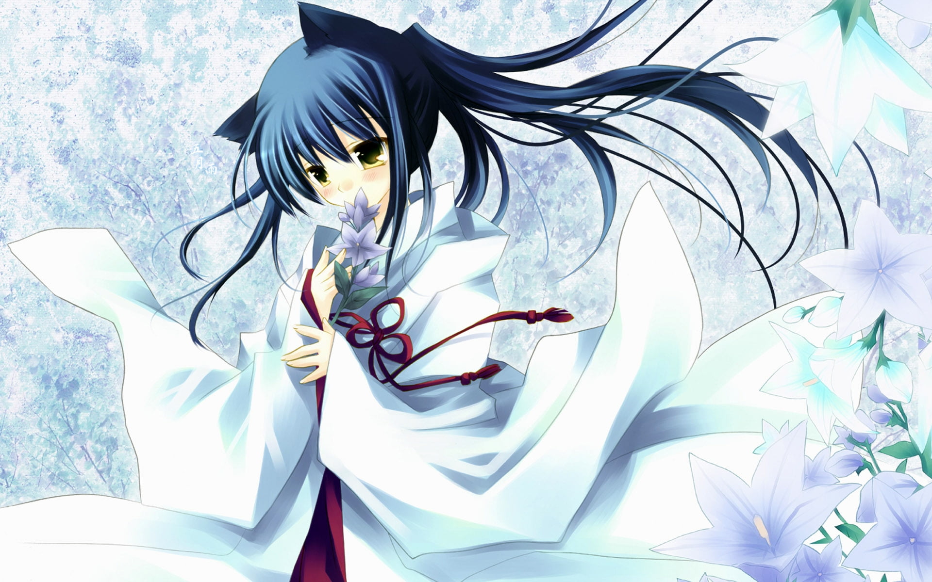 anime girl character with blue hair wearing white long-sleeve dress holding purple petaled flower digital wallpaper