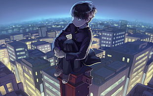 boy sitting on top of building wallpaper, Mob Psycho 100, Kageyama Shigeo, cityscape