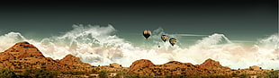 three assorted-color hot-air balloons, dual monitors, multiple display, hot air balloons, mountains