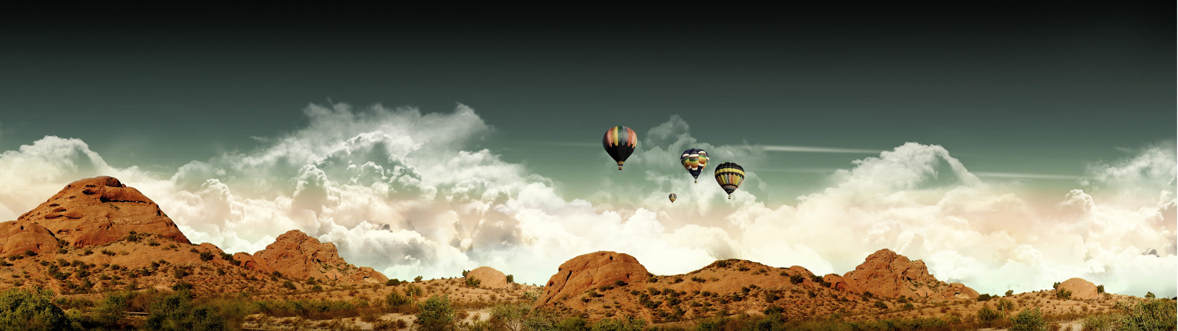 three assorted-color hot-air balloons, dual monitors, multiple display, hot air balloons, mountains