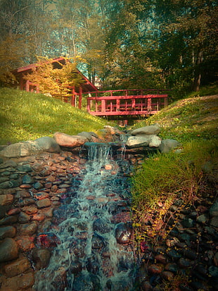 red wooden shrine with footed bridge, nature, bridge, stones, water