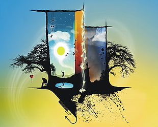 silhouette of tree with people night and day wallpaper