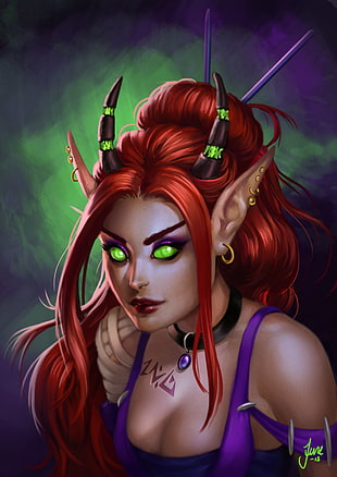 female character wearing purple top illustration, Jude Jenssen, elven, blood elves, World of Warcraft