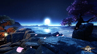 purple petaled flowers, Revelation Online, landscape, Moon