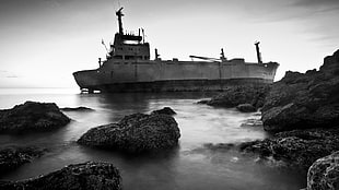grayscale battleship, ship, wreck, shipwreck, nature HD wallpaper