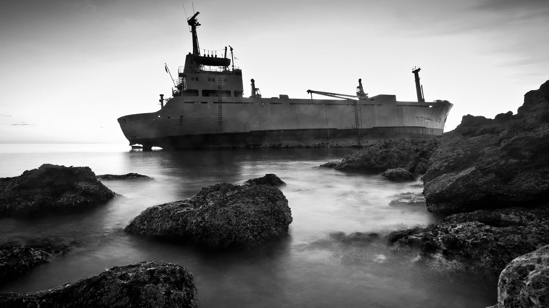 grayscale battleship, ship, wreck, shipwreck, nature