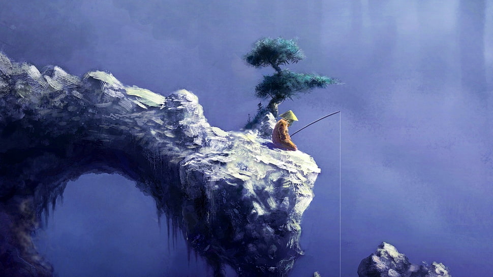 man fishing on cliff cover, artwork, fishing, Japan, fantasy art HD wallpaper
