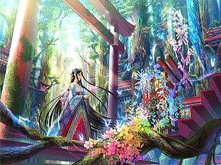 black long haired female anime character inside palace photo HD wallpaper
