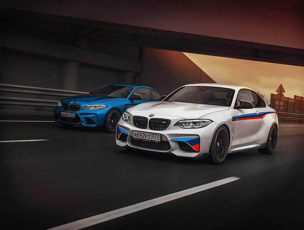 two blue and white BMW coupes HD wallpaper