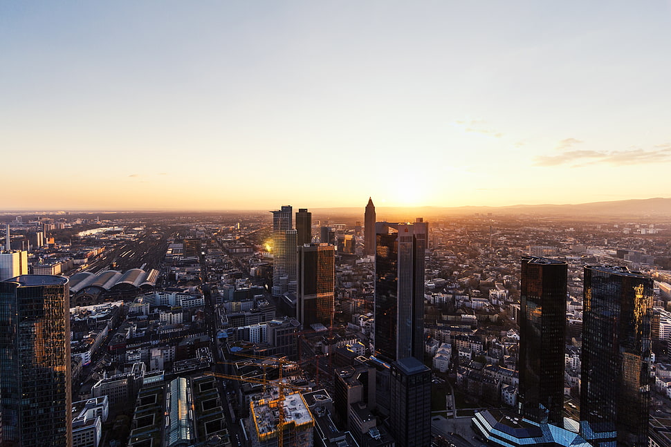 city buildings during sunset in aerial photography, frankfurt HD wallpaper