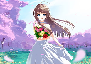 female anime character holding bouquet of flowers