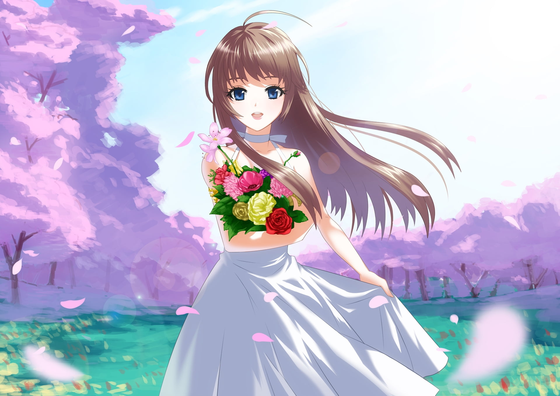 female anime character holding bouquet of flowers