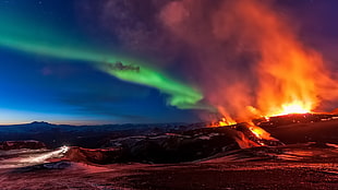 green sky phenomenon, volcano, night, aurorae