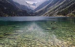 body of water beside green mountains