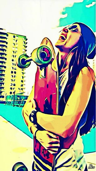 woman holding skateboard pop art HD wallpaper