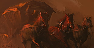 four brown horses painting, fantasy art, Darek Zabrocki  HD wallpaper
