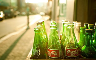 green glass bottles, Coca-Cola, bottles, urban, logo HD wallpaper