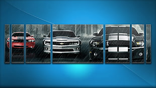 three red, gray, and black cars 7-panel photo, blue, car, Dodge, Chevrolet