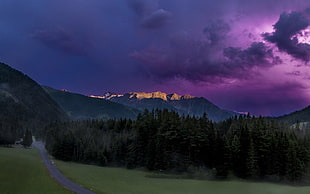 mountain range under thunderstorm, nature, landscape, mountains, forest HD wallpaper