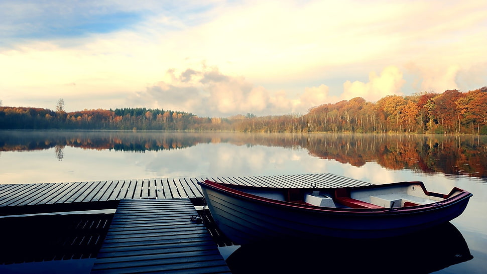 brown row bot, forest, sky, boat, pier HD wallpaper