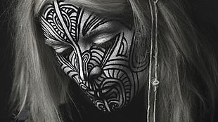 black and white floral print textile, face, white hair, sadness, Fever Ray