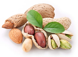 brown peanuts with green leaf